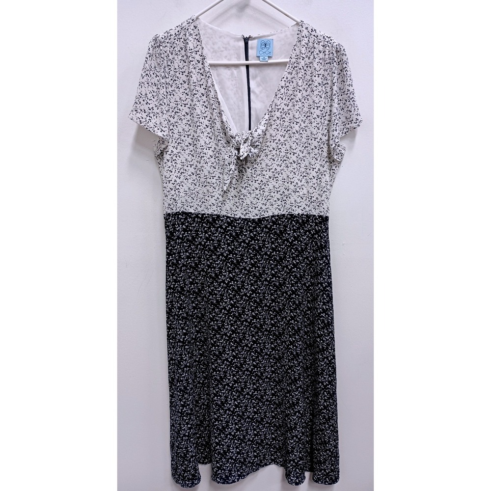 CeCe Floral Tie Front Midi Dress Womens 14 Navy White Short‎ Sleeve Romantic